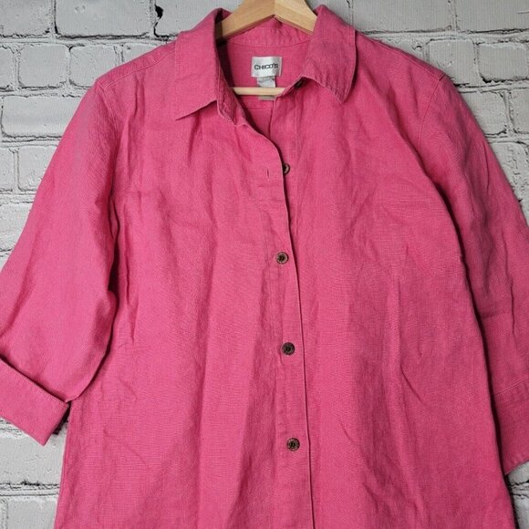 Vintage Chico's 100% Linen Pink Half Sleeve Button Up Collared Blouse Size 1 - Picture 2 of 9